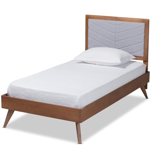 Baxton Studio Roze Mid-Century Modern Light Grey Fabric Upholstered and Walnut Brown Finished Wood Twin Size Platform Bed