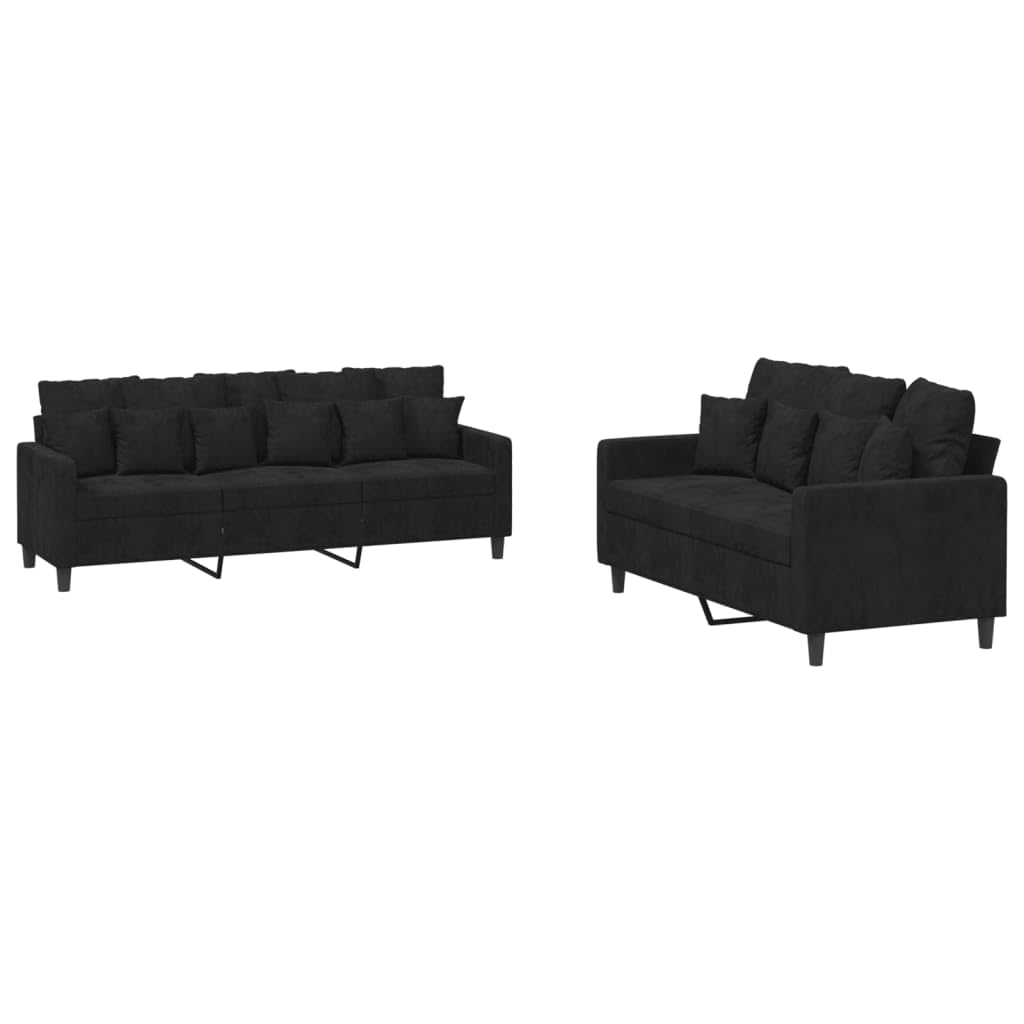 vidaXL Black Velvet Sofa Set with Cushions – Spacious 2-Seater and 3-Seater for Lounge, Living Room or Office