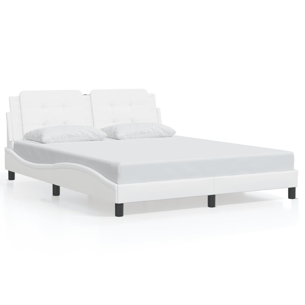 vidaXL Queen Bed Frame with Headboard - White Faux Leather, Plywood Slats
