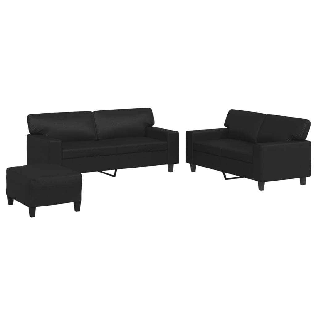 vidaXL Black Faux Leather Sofa Set - Includes Two 2-Seater Loveseats & Footstool, Comfortable Padded Seats with Metal & Plywood Frame for Living Room