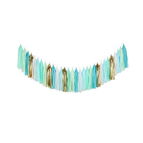 Fonder Mols Tissue Paper Tassel Garland (Pack of 30, White Mint Aqua Gold) Rustic Birthday Wedding Party Decor Mermaid First Bir