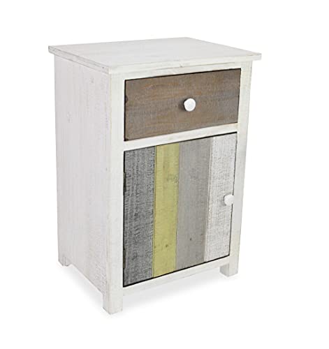 HomeRoots Multi Wood Rustic Distressed White Nightstand with Natural Gray and Green Accents