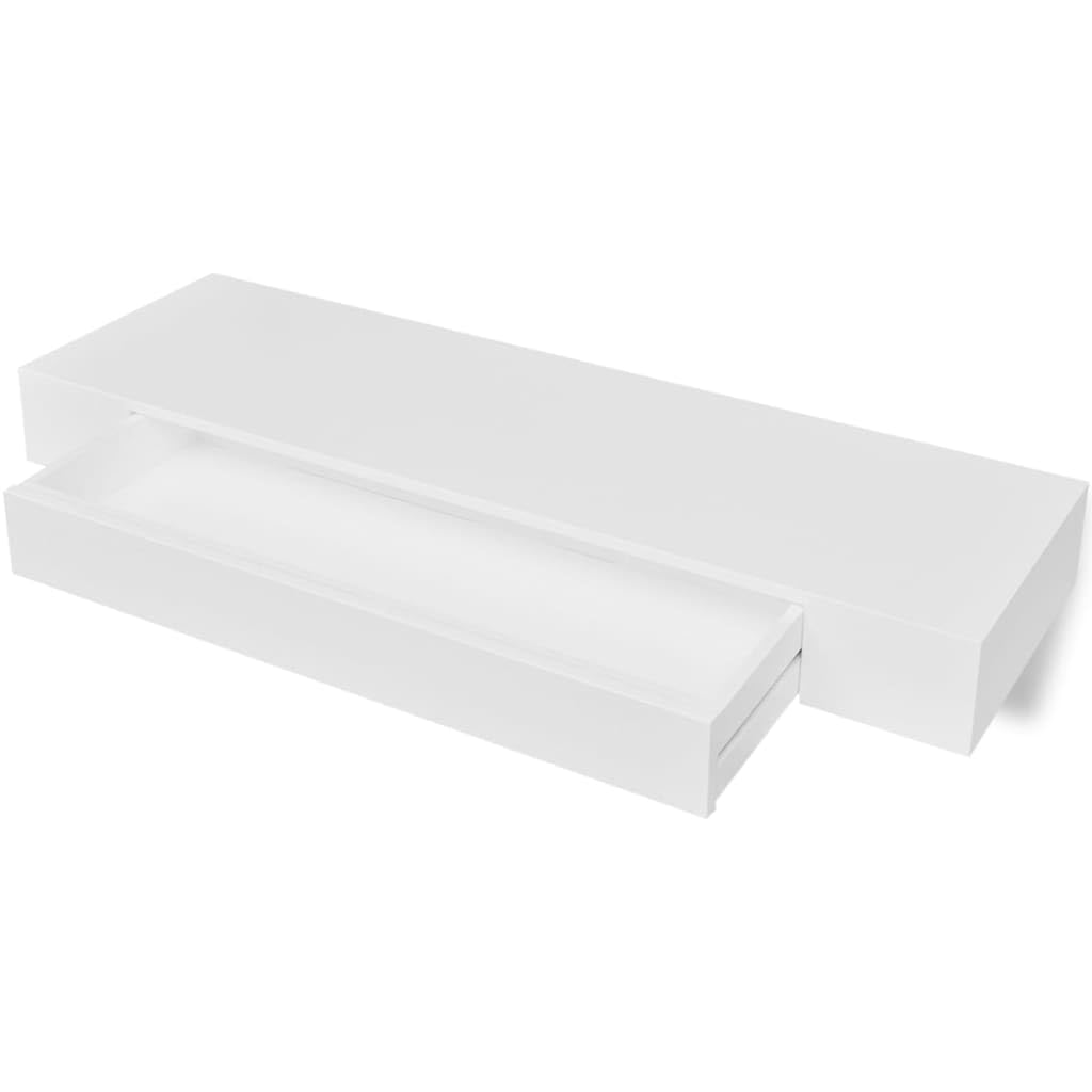 vidaXL Floating Wall Display Shelf with Invisible Mounting System – White MDF – 1 Drawer for Storage – Scandinavian, Modern Style - 31.5&quot;x9.8&quot;x3.1&quot; Dimension