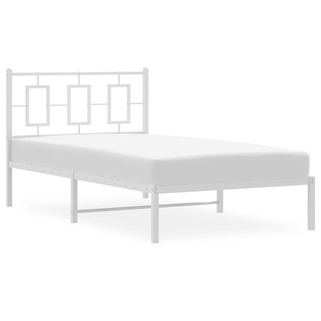 vidaXL White Metal Single Bed Frame with Headboard - Modern Bedroom Furniture, Steel Guest Bed Frame for Superior Support, 81.5x41.3x35.8 in