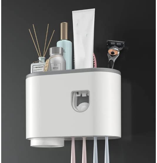 Onprix Plastic Toothbrush Holder Wall Storage Rack Cups with Toothpaste Dispenser for Home Organizer Bathroom Accessories Set (1