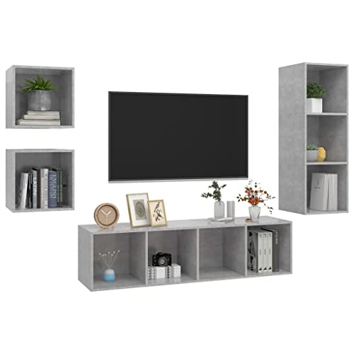 vidaXL TV Stand Set 4 Piece Hanging Wall Mount Stand Unit HiFi Stereo Plasma Cabinet for Living Room Furniture Concrete Gray Engineered Wood