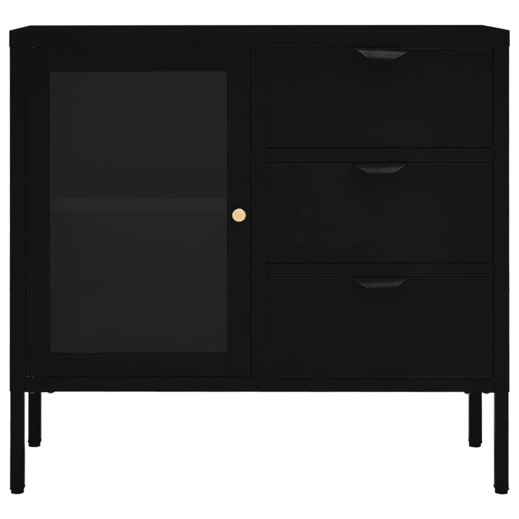 vidaXL Black Sideboard with Adjustable Shelf and Three Drawers - Modern Design Steel and Tempered Glass Multifunctional Storage Unit