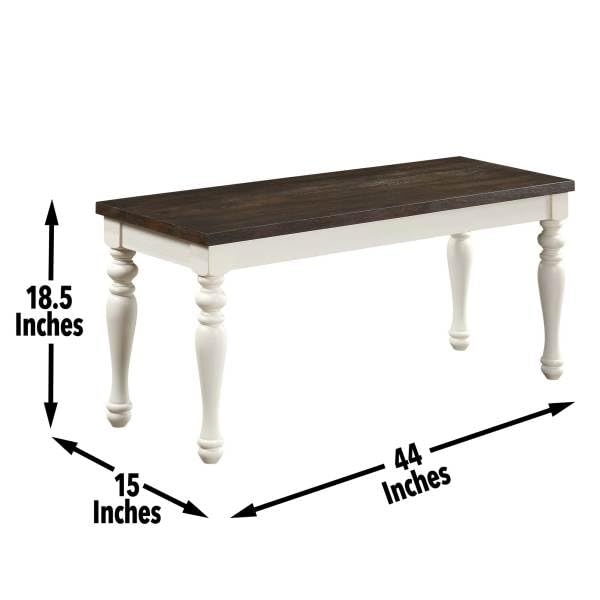 Steve Silver Furniture Rectangular Joanna Dining Bench, Asian Hardwood Solids, Farmhouse/Costal/Rustic, 44' L x 15" W x 18.5" H, White/Brown