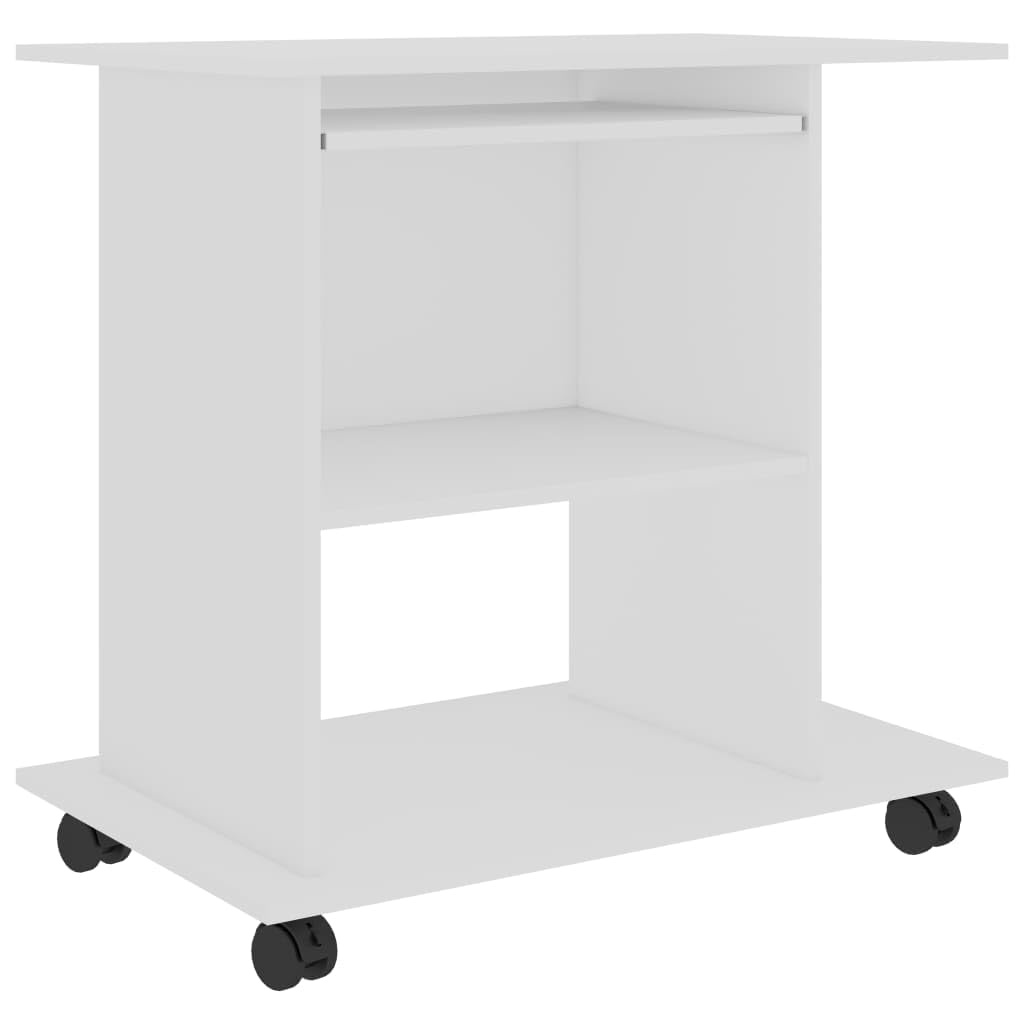 vidaXL White Engineered Wood Computer Desk with Pull-Out Keyboard Tray, Mobile Workstation for Home or Office, with Additional Shelves and Elegant Modern Design