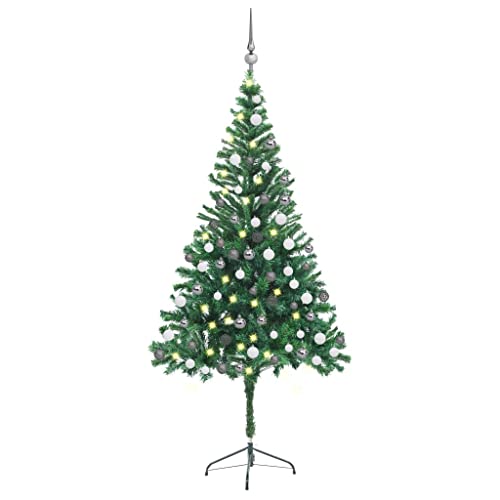 vidaXL Dense Artificial Christmas Tree with LED Lights & Ball Set (70.9”, 564 Branches) - Indoor Use- Green and Gray