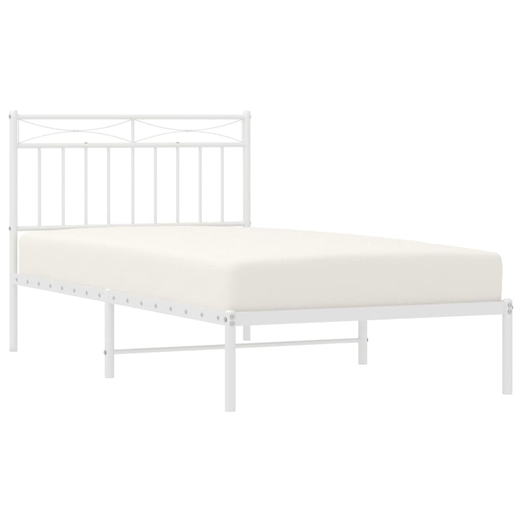 vidaXL Modern Metal Bed Frame with Supportive Headboard - White Powder-Coated Steel Single Bed Frame, Extra Underbed Storage Space