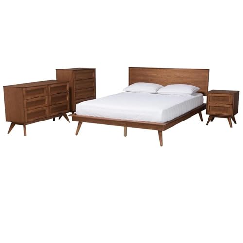 Baxton Studio Melora Mid-Century Modern Walnut Brown Finished Wood And Rattan King Size 4-Piece Bedroom Set