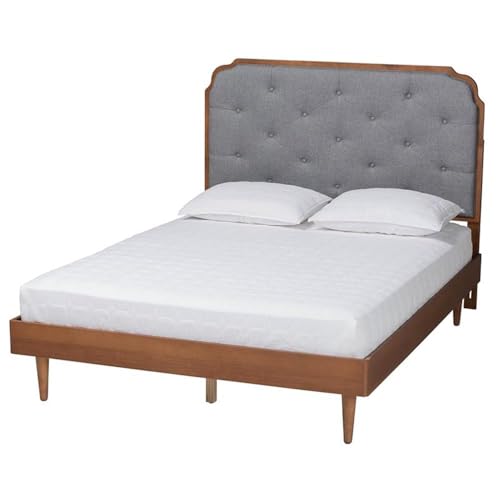 Baxton Studio Garron Mid-Century Modern Grey Fabric And Walnut Brown Wood Queen Size Platform Bed