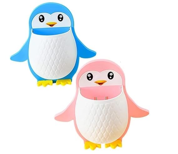 LOGRO Pack of 2 piece Penguin Design Toothbrush Holder | Unique Wall Mounted Self Adhesive Storage | Wall Mount Toothbrush Holde