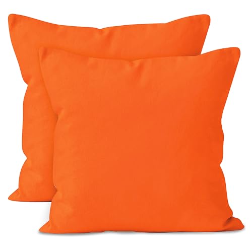 Cotton Canvas Throw Pillow Covers By Encasa Pack Of 2 Orange 20'X20' No Insert With Hidden Zipper | Decorative Cushion Covers