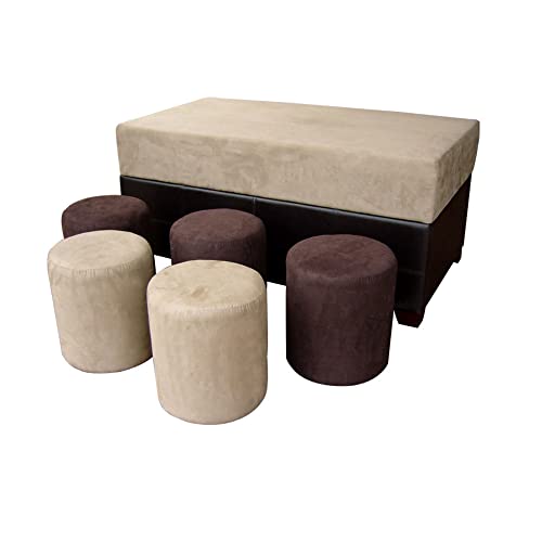HomeRoots Microfiber/Wood/Leather Brown Six Piece Microfiber Storage Bench with Ottomans
