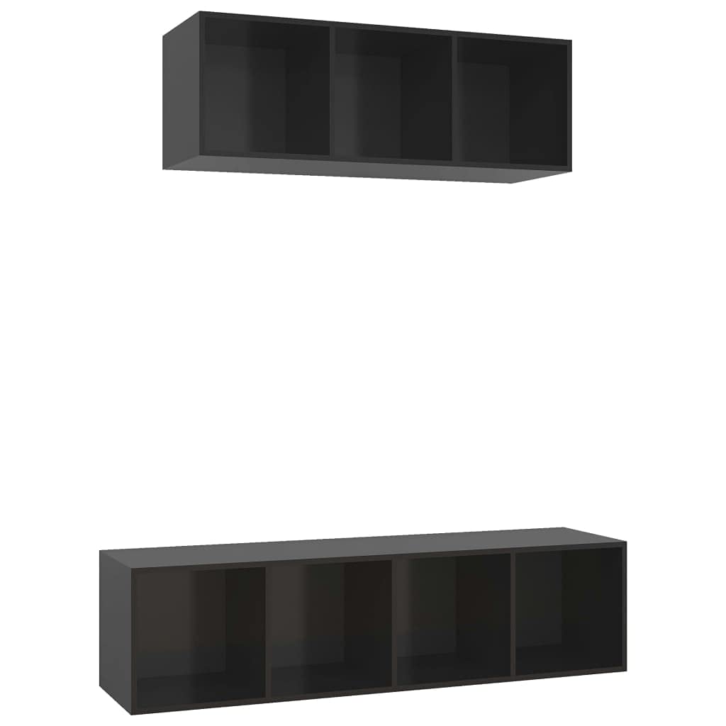 vidaXL High Gloss Black 2 Piece TV Stand Set with Ample Storage, Wall-Mounted Design, Ideal for Displaying Items and Easy to Clean, Made of Engineered Wood