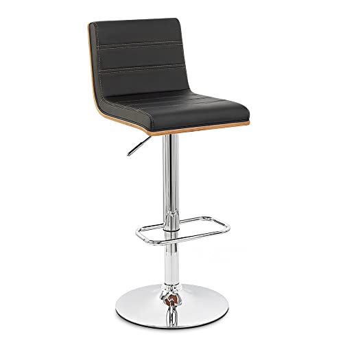 HomeRoots Chrome, Wood, Faux Leather/Leatherette Black Faux Leather Walnut and Chrome Adjustable Swivel Bar Stool