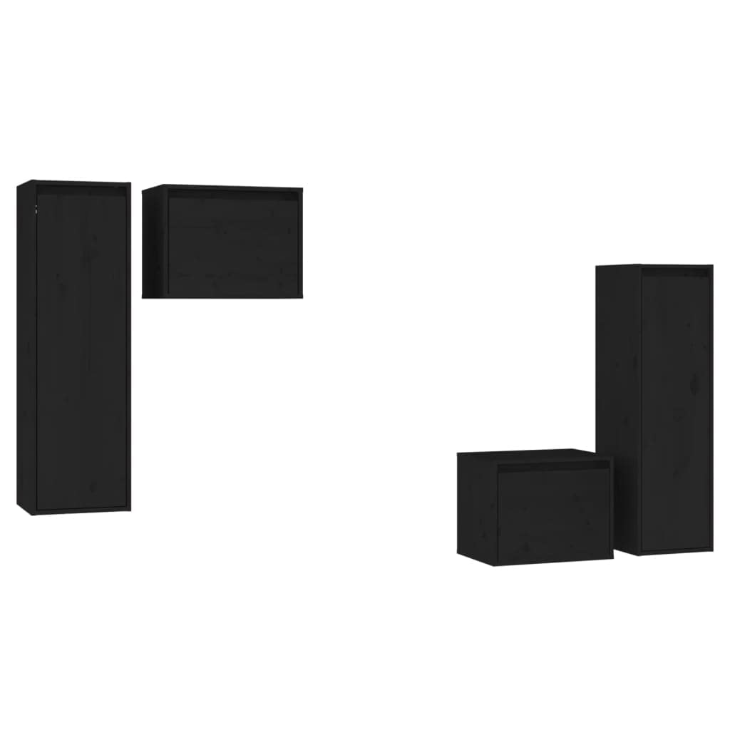 vidaXL TV Stand 4 Pcs, Wall Mounted Entertainment Center TV Console with Storage, Floating TV Stand for Living Room Bedroom, Black Solid Wood Pine