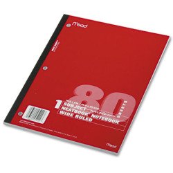 Single Subject Notebooks, Wide Margin/Rule, 8 X 10-1/2, 80 Sheets/Pad
