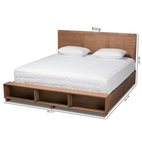 Baxton Studio Tamsin Modern Transitional Ash Walnut Brown Finished Wood King Size 4-Drawer Platform Storage Bed with Built-In Shelves
