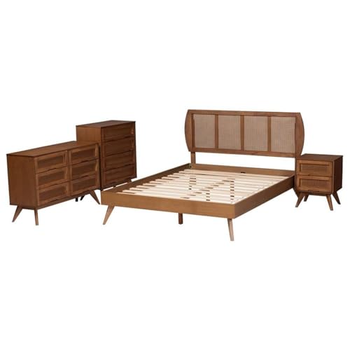 Baxton Studio Asami Mid-Century Modern Walnut Brown Finished Wood And Woven Rattan King Size 4-Piece Bedroom Set