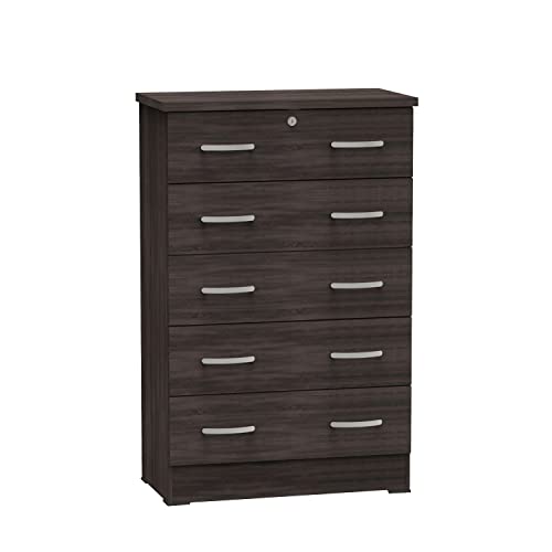 Better Home Products Cindy 5 Drawer Chest Wooden Dresser with Lock Pecan (Gold)