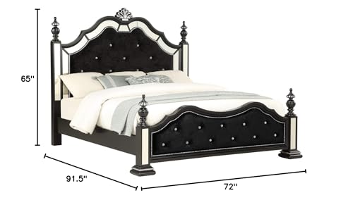 HomeRoots Wood Black Felt Finish King Bed with Crystal Mirrored Embellished