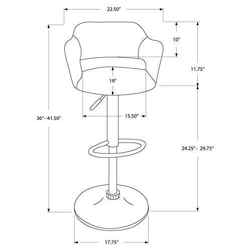 Monarch Specialties 2364 Stool, Swivel, Bar Height, Adjustable, Metal, Pu Leather Look, Chrome, Contemporary, Modern Barstool, 22.5&quot; L X 21&quot; W X 36&quot; H, Light Grey