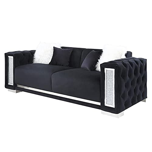 Acme Trislar Button Tufted Sofa with 4 Pillows in Black Velvet