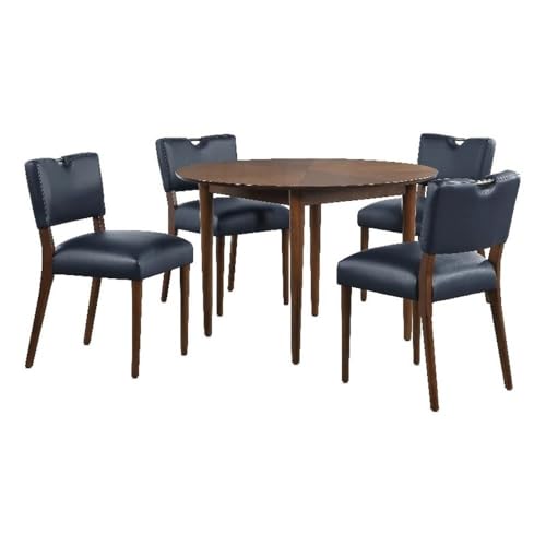 Comfort Pointe Bonito Midnight Blue Faux Leather 5-Piece Round Dining Set In Walnut Finish