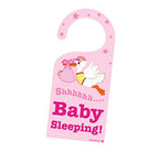 Cute News Baby Girl Sleeping Stork Door Hanger - Do Not Disturb or Knock - Newborn Sign - Great Gift for Parents - Pink