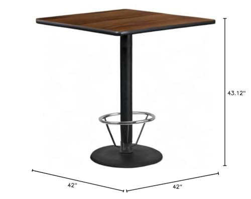 Flash Furniture Stiles 42'' Square Walnut Laminate Table Top with 24'' Round Bar Height Table Base and Foot Ring