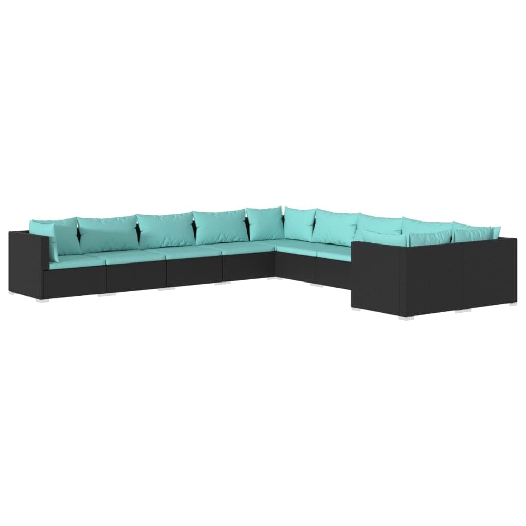 vidaXL - Modular Patio Lounge Set, 10-Piece in Black Poly Rattan with Water-Resistant Blue Cushions, Durable Powder-Coated Steel Frame, Lightweight and Flexible