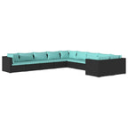 vidaXL - Modular Patio Lounge Set, 10-Piece in Black Poly Rattan with Water-Resistant Blue Cushions, Durable Powder-Coated Steel Frame, Lightweight and Flexible