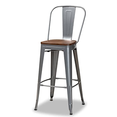 Baxton Studio Rosetta Modern Industrial Grey Metal and Walnut Brown Finished Wood 4-Piece Bar Stool Set