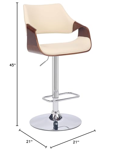 HomeRoots Wood, Metal, Foam Faux Leather Cream Faux Leather and Walnut Wood and Chrome Swivel Adjustable Bar Stool
