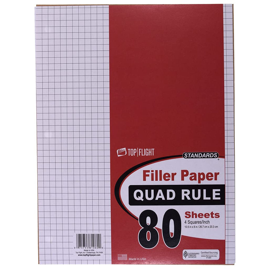 Top Flight Filler Paper, Quadrille Rule, 10.5 X 8 Inches, 80 Sheets (81060),White
