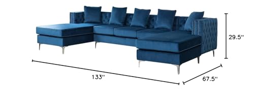 Lilola Home Ryan Deep Blue Velvet Double Chaise Sectional Sofa with Nail-Head Trim