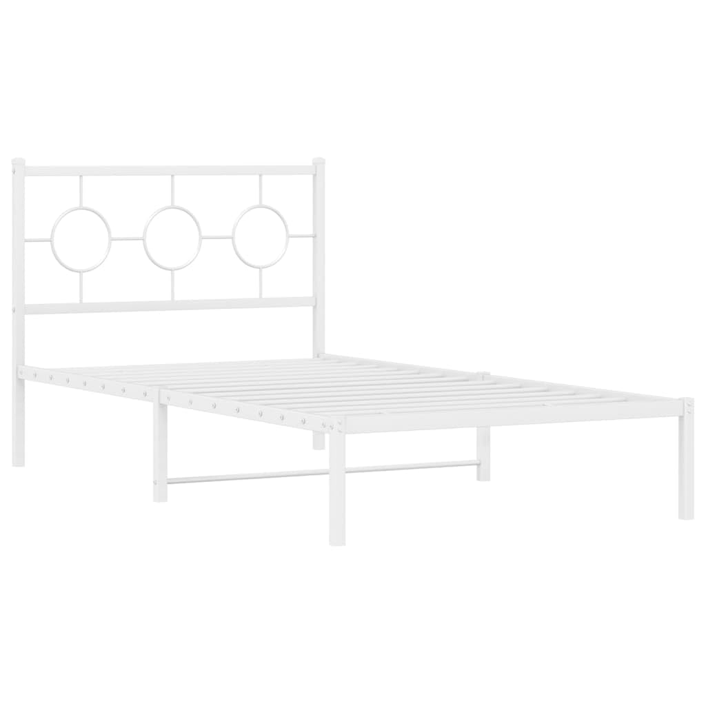 vidaXL White Steel Single Bed Frame with Headboard - Industrial Style, 39.4&quot;x78.7&quot; Mattress Compatible, Bedroom Platform Bed