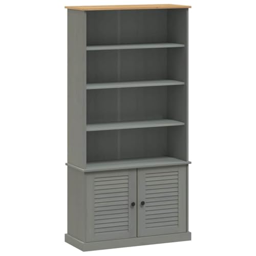 vidaXL VIGO Gray Solid Wood Pine Bookcase Storage - 3 Shelf Bookcase with Doors, Metal Knobs - 33.5&quot; x 13.8&quot; x 66.9&quot;