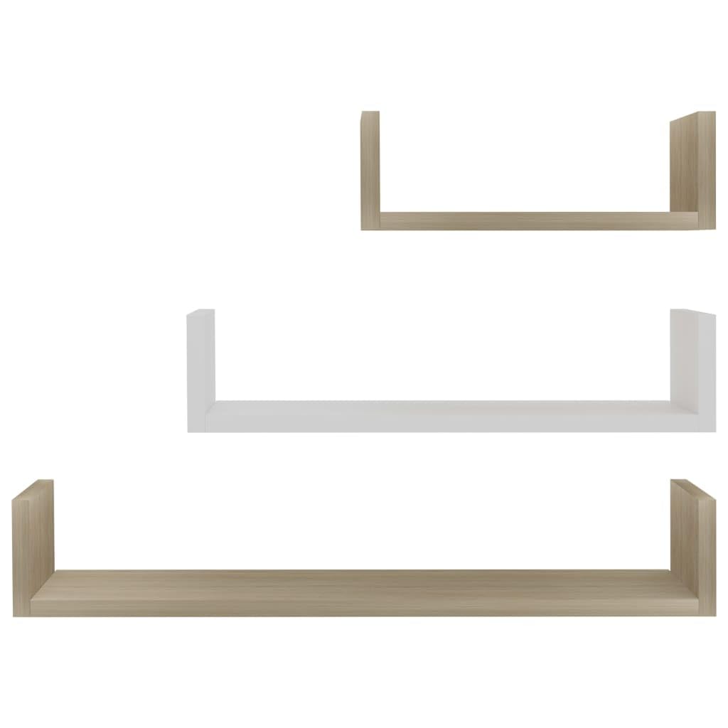 vidaXL Set of 3 Wall Display Shelves - Multicolour White and Sonoma Oak Engineered Wood - Easy Install Durable Floating Shelves for Home Office Decor