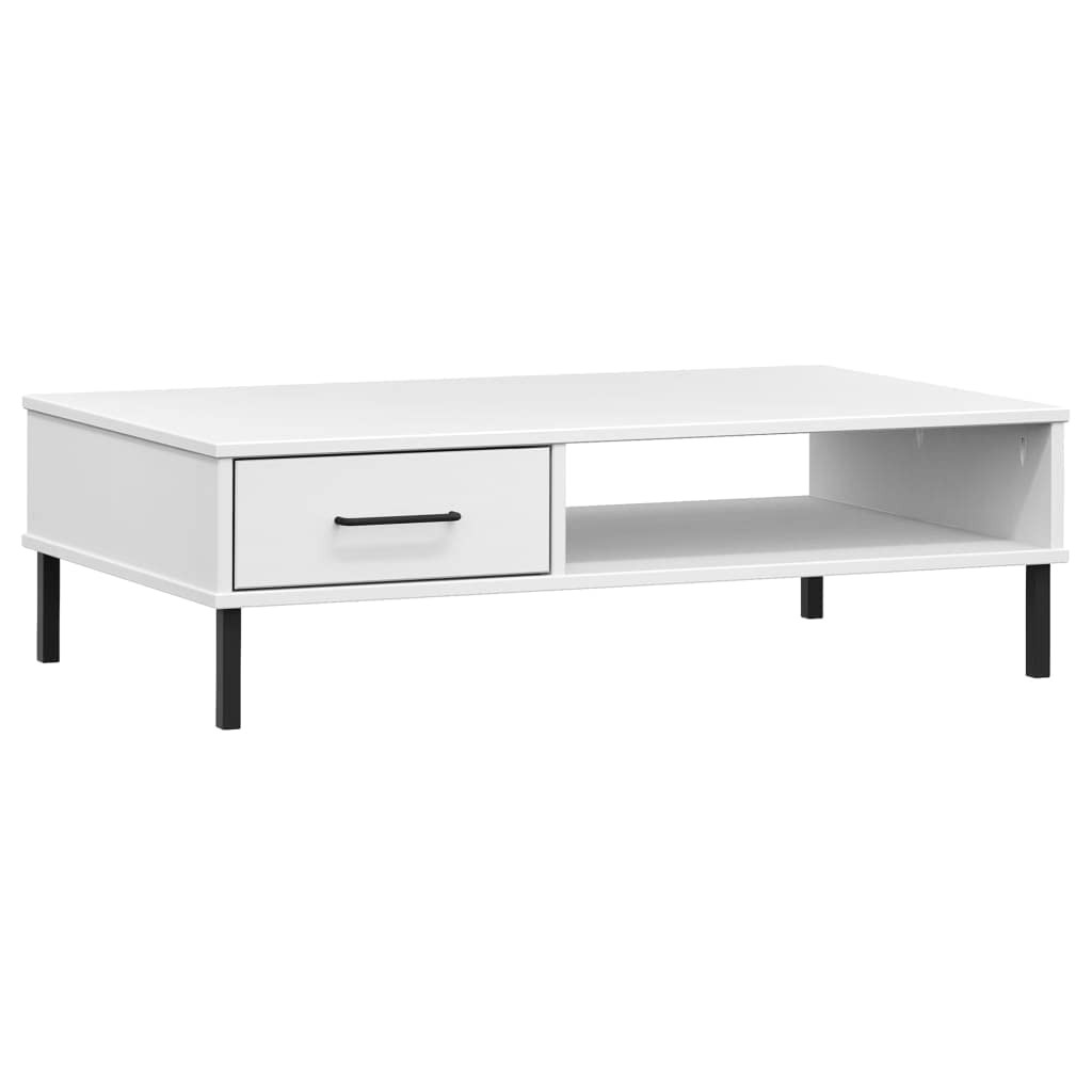 vidaXL Industrial Style Coffee Table with Metal Legs and Drawer - Solid Pine Wood Construction in White Finish, Furnishing for Living Room, Oslo Range.