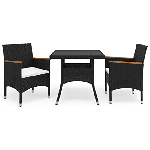 vidaXL Outdoor Dining Set - 3 Pieces - Acacia Wood and Black Poly Rattan - Tempered Glass Top Table - Weather-Resistant