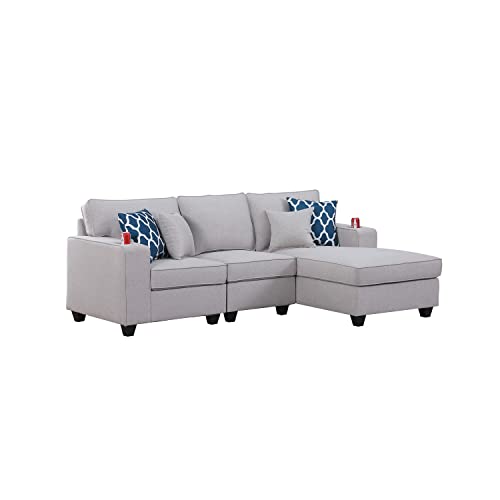 Lilola Home Cooper Light Gray Linen Sectional Sofa Chaise with Cupholder