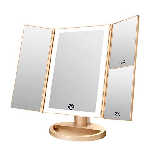 Weily Lighted Vanity Makeup Mirror 1X/2X/3X Magnification Trifold With 36 Led Lights Touch Screen And Usb Charging, 180 Degree Adjustable Stand For Countertop Cosmetic Makeup Mirror(Gold)