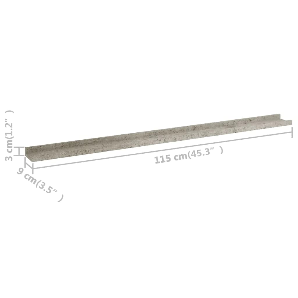 vidaXL Wall-Mounted Shelves 45.3&quot;x3.5&quot;x1.2&quot;, Concrete Gray, Set of 4, Modern Design, Durable MDF Material, Easy Cleaning