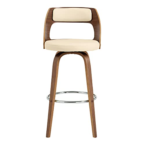 HomeRoots Bent Wood/Metal/Faux Leather 26' Retro Mod Cream Faux Leather and Walnut Swivel Counter Stool