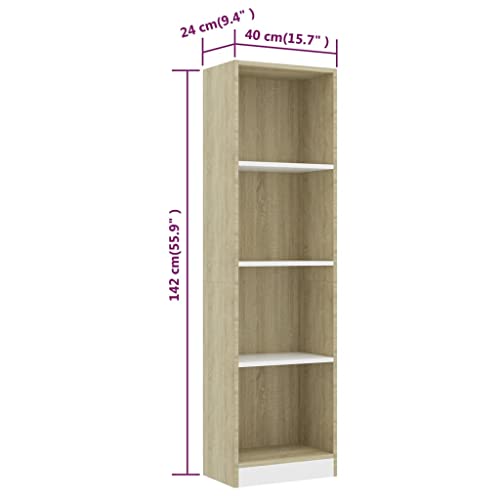 vidaXL 4 Tier Bookcase, Storage Unit with Shelf, Book Cabinet Living Room Indoor Living Room, Modern, White and Oak Sonoma Engineered Wood