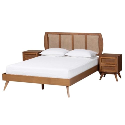 Baxton Studio Asami Mid-Century Modern Walnut Brown Finished Wood And Woven Rattan King Size 3-Piece Bedroom Set